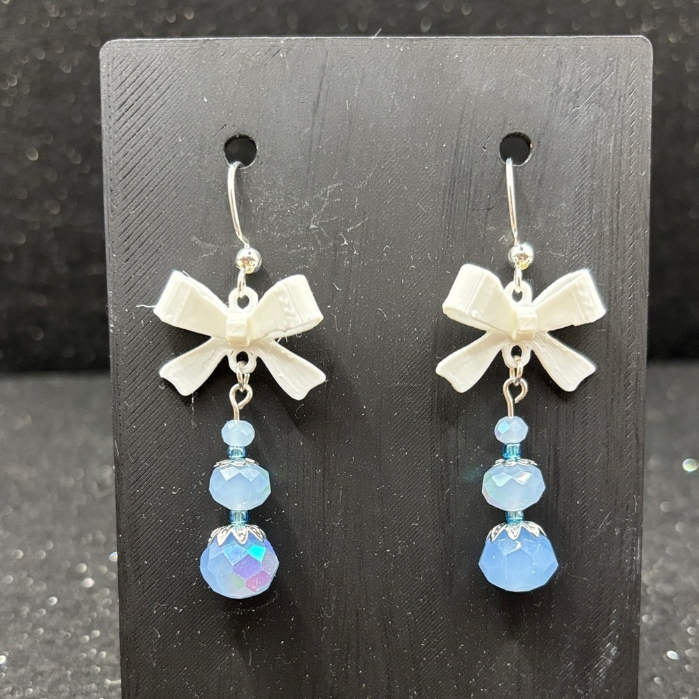 White Bow & Blue Crystal Dangle Earrings